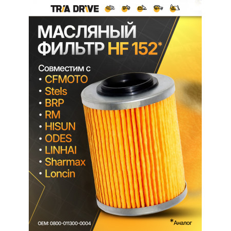 Фильтр масляный 0800-011300 (аналог HF152) для квадроциклов совместимый с CFMOTO, STELS, BRP, AODES, RM, HISUN, LINHAI, SHARMAX, LONCIN